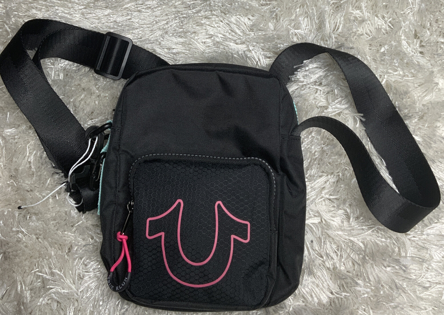 True Religion Men’s Black Adjustable Strap Pink Logo Crossbody Shoulder Bag NWT