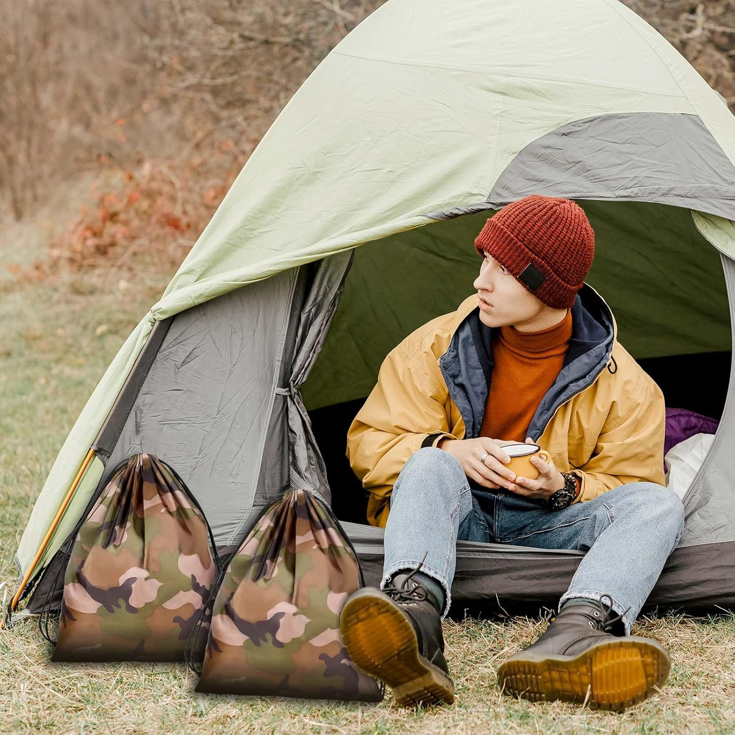 2PCS Camo Bag Drawstring Backpack Draw String Bag 13.8 × 16.5 Inch Camouflage Wa