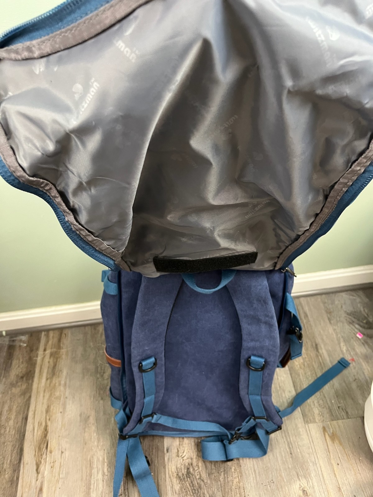 WITZMAN Travel Backpack Convertible Canvas Bag Navy Blue Leather Trim Luggage