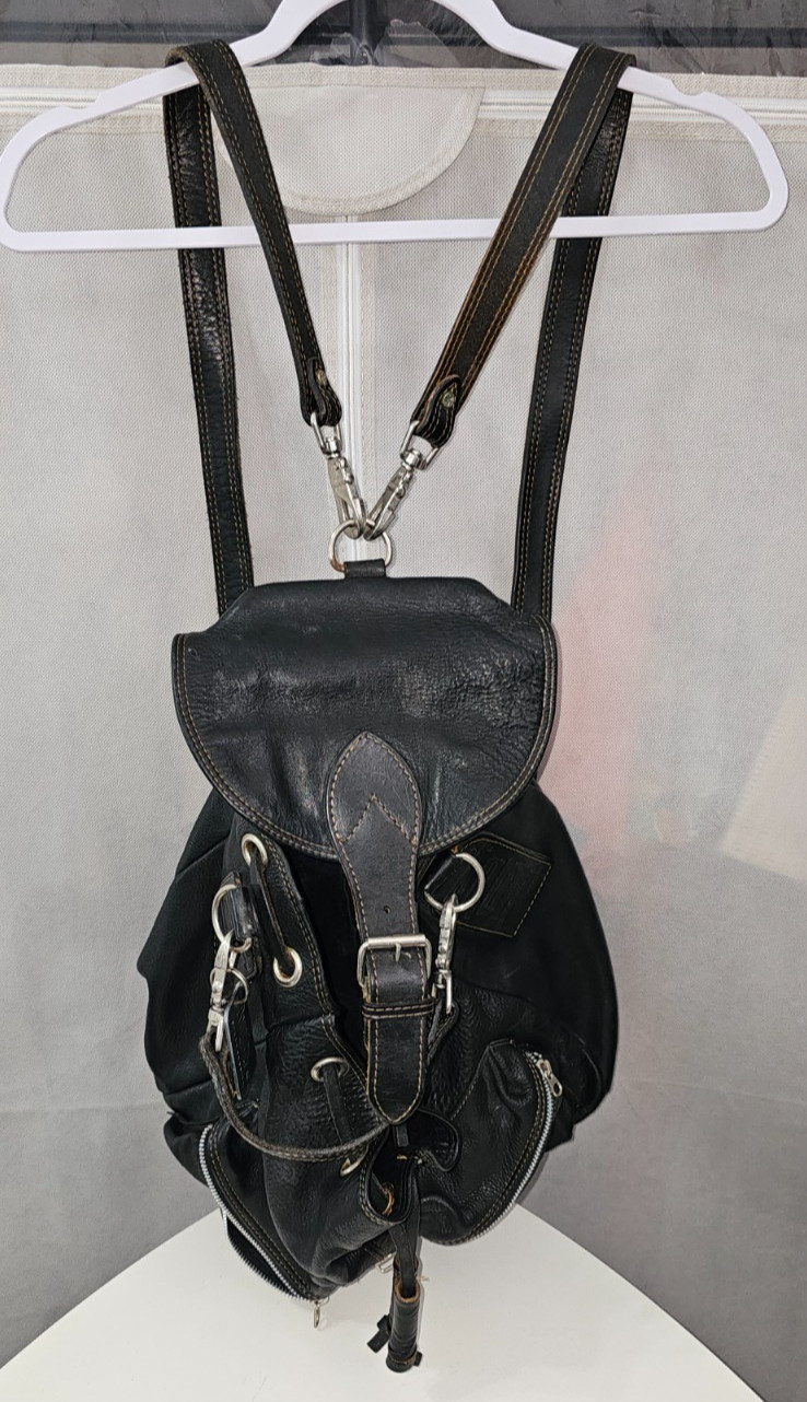 Rugby Canada Black Leather Backpack, Vintage