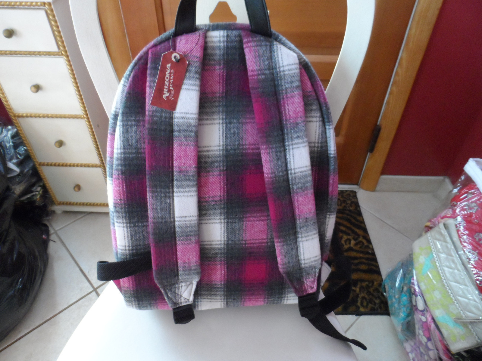 Soft pink, white and gray plaid backpack by Arizona NWT