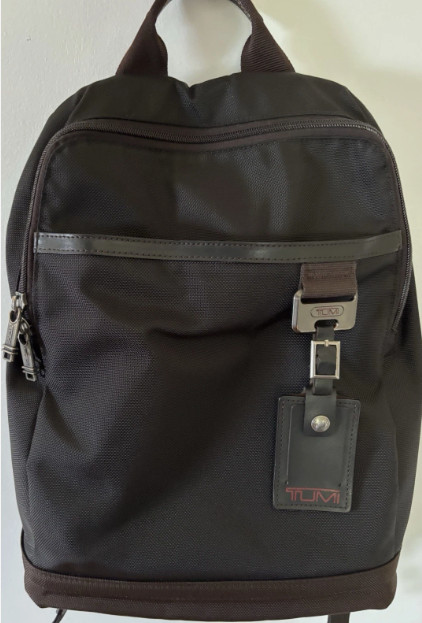 TUMI BLACK & BROWN CANVAS MEDIUM-SIZE UNISEX BACKPACK: 15″ HIGH x 12″ WIDE x 4″