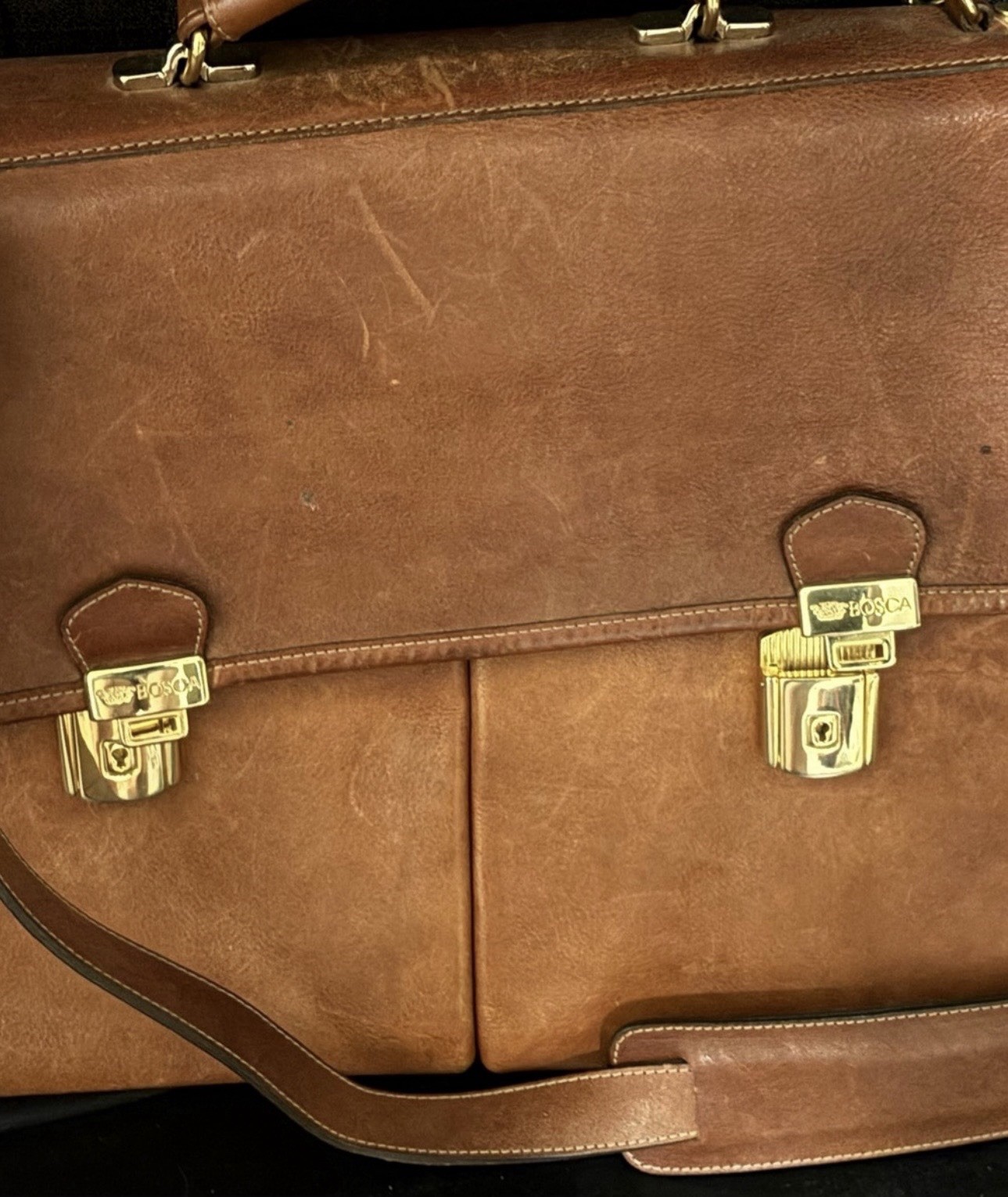 Bosca Brown Men’s Briefcase/Document Case Push Lock Top Handle Strap Pockets