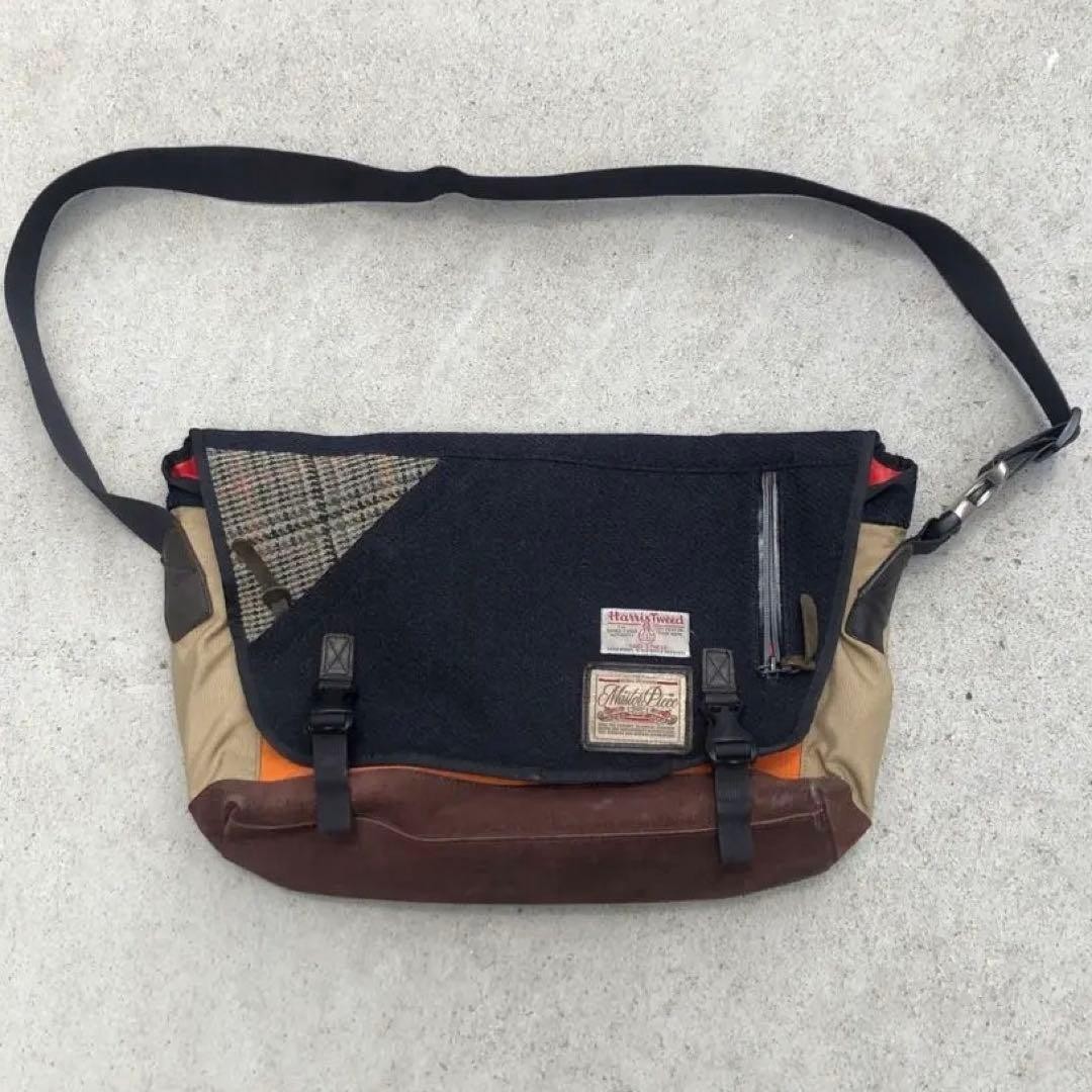 Harris Tweed Master Piece Patchwork Messenger Shoulder Bag Brown Beige Japan