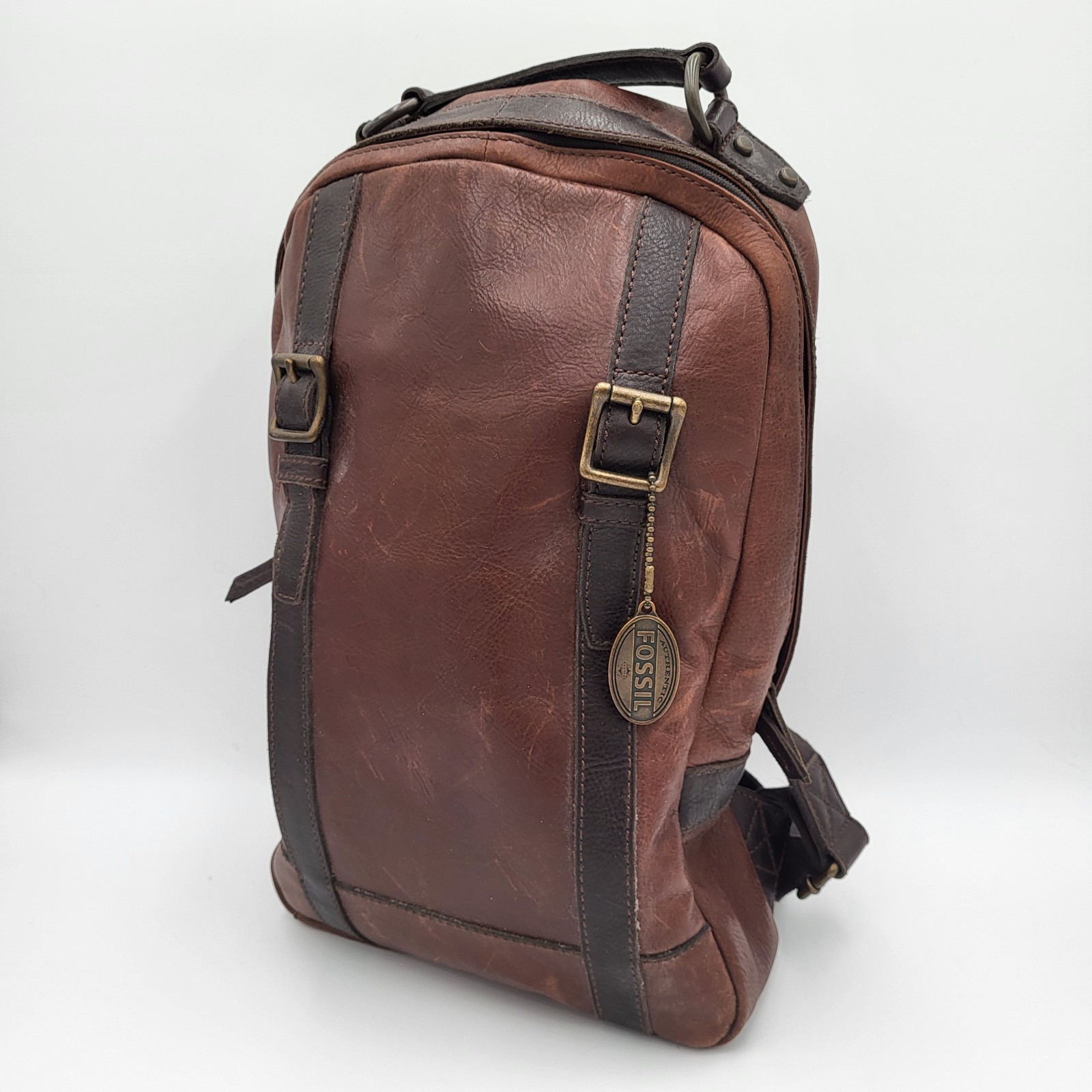 VTG Fossil Brown Leather Adjustable Straps Laptop Sleeve Office Backpack Large