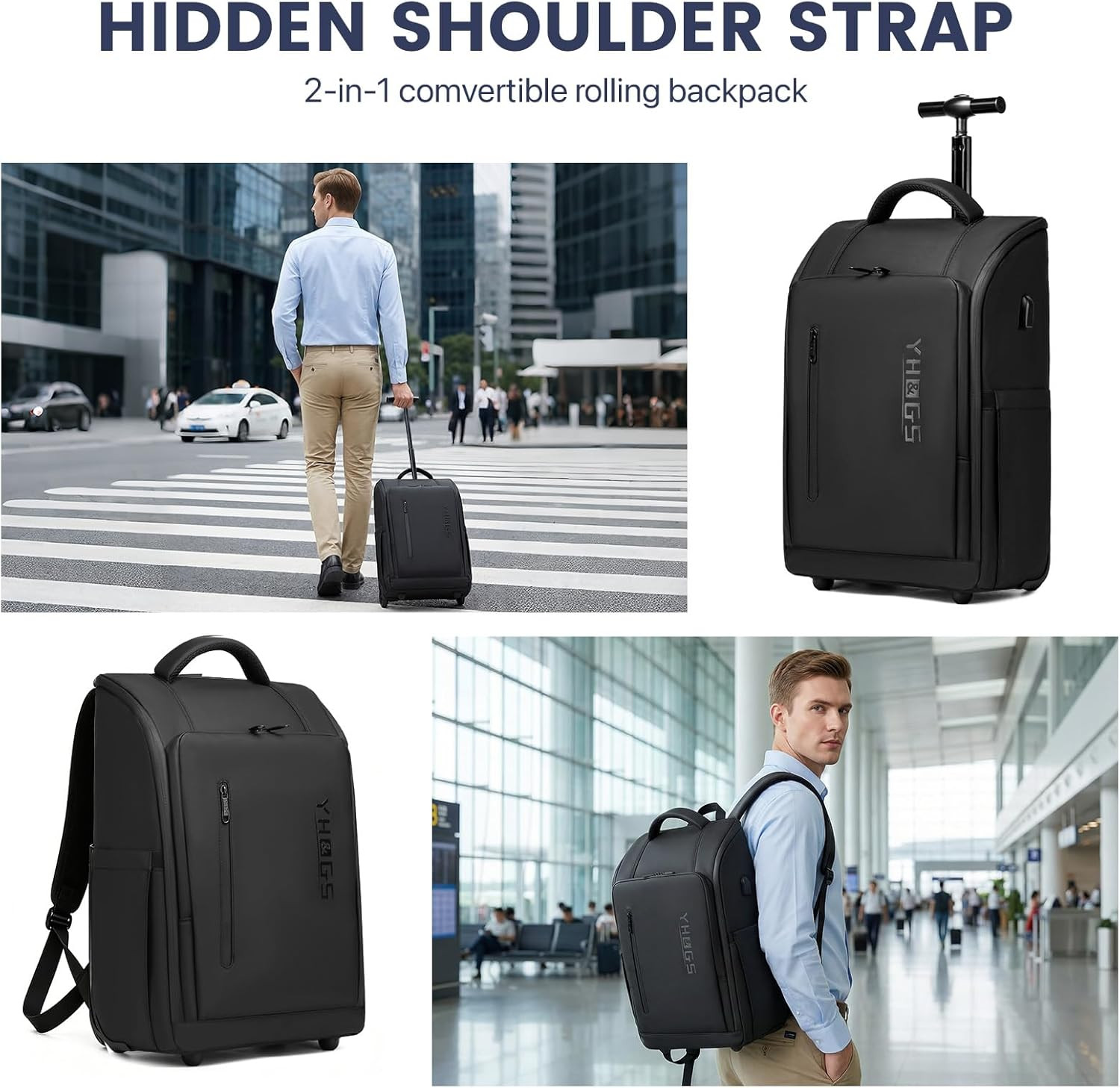 Rolling Backpack with Wheels, Waterproof Wheeled Backpack with USB Ports for Men