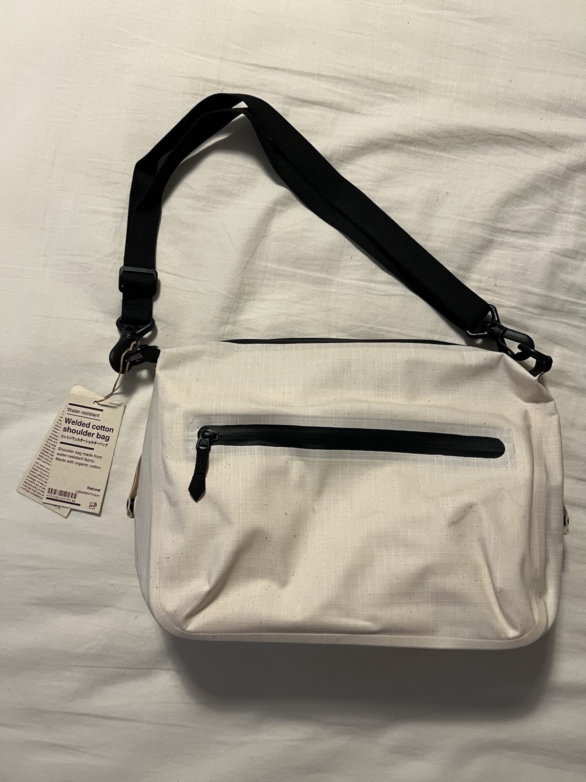 MUJI Water Resistant Shoulder Bag White with Black Strap Zip Closure
