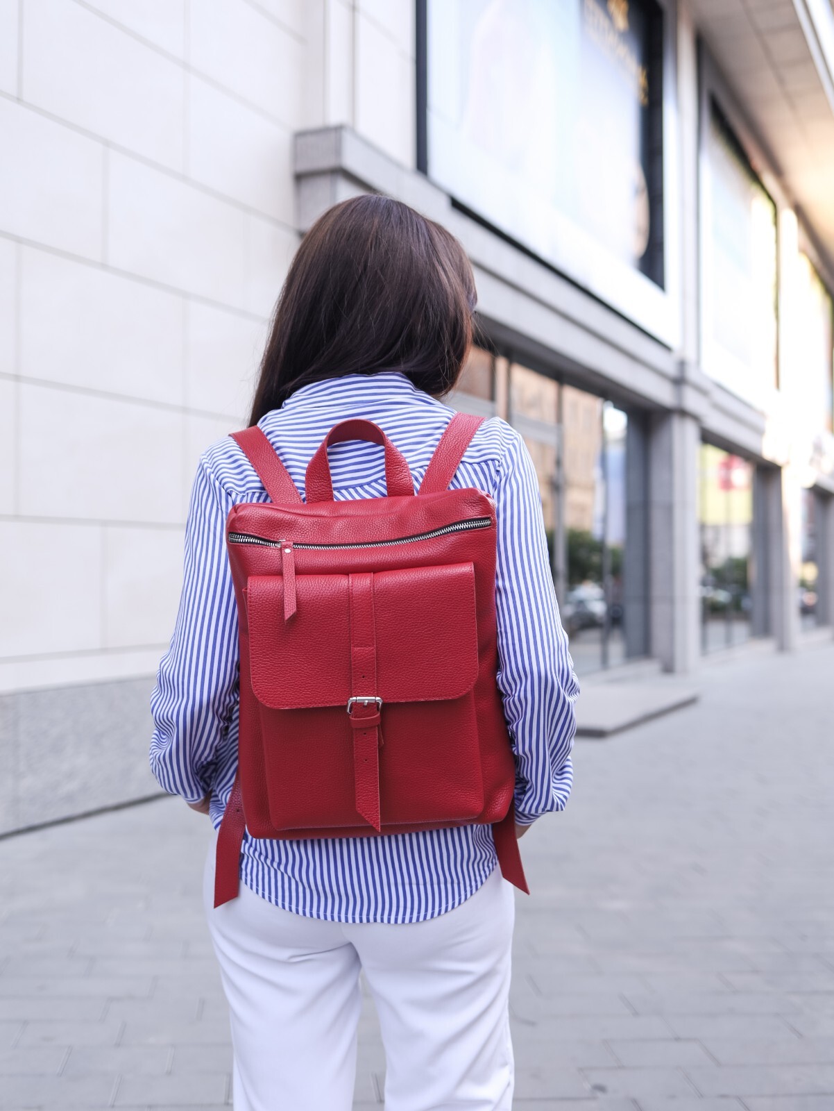 Red Leather Office Backpack Bossy Unisex Laptop Study Workbag Classic