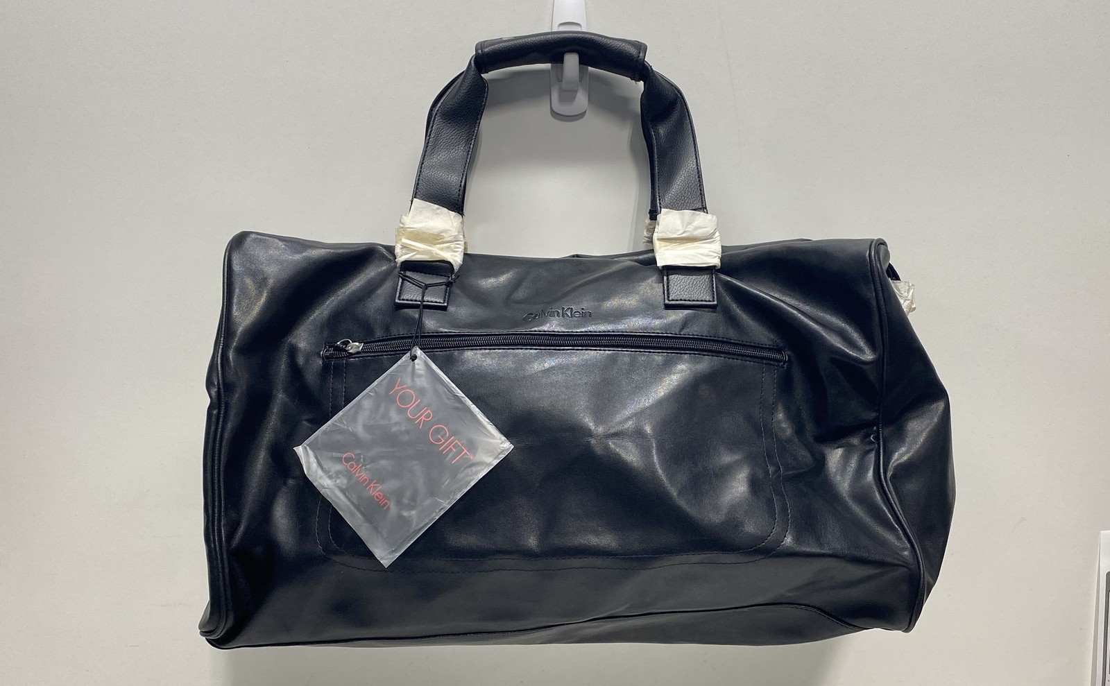 Calvin Klein Black Faux Leather Weekender Duffle Travel Bag Large