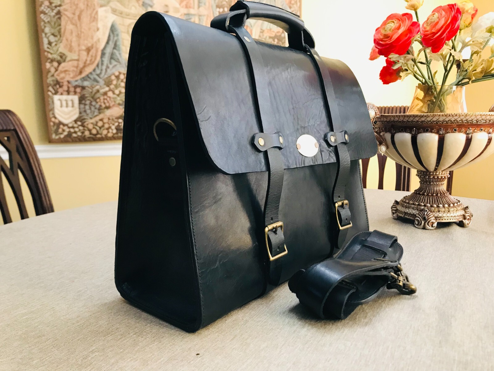 JACKSON WAYNE Black Heavy Saddle Leather Briefcase / Messenger Bag – US Made