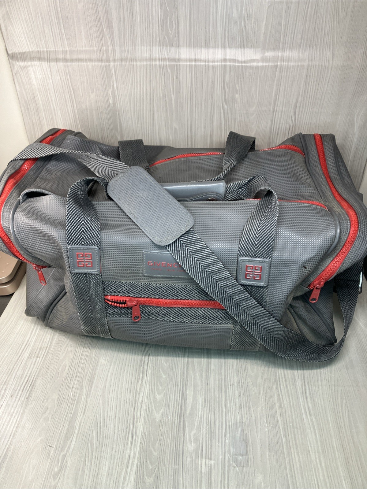 Vintage 90s Givenchy Duffle Bag Carry On Overnight Travel Gray Red NICE ! VGC