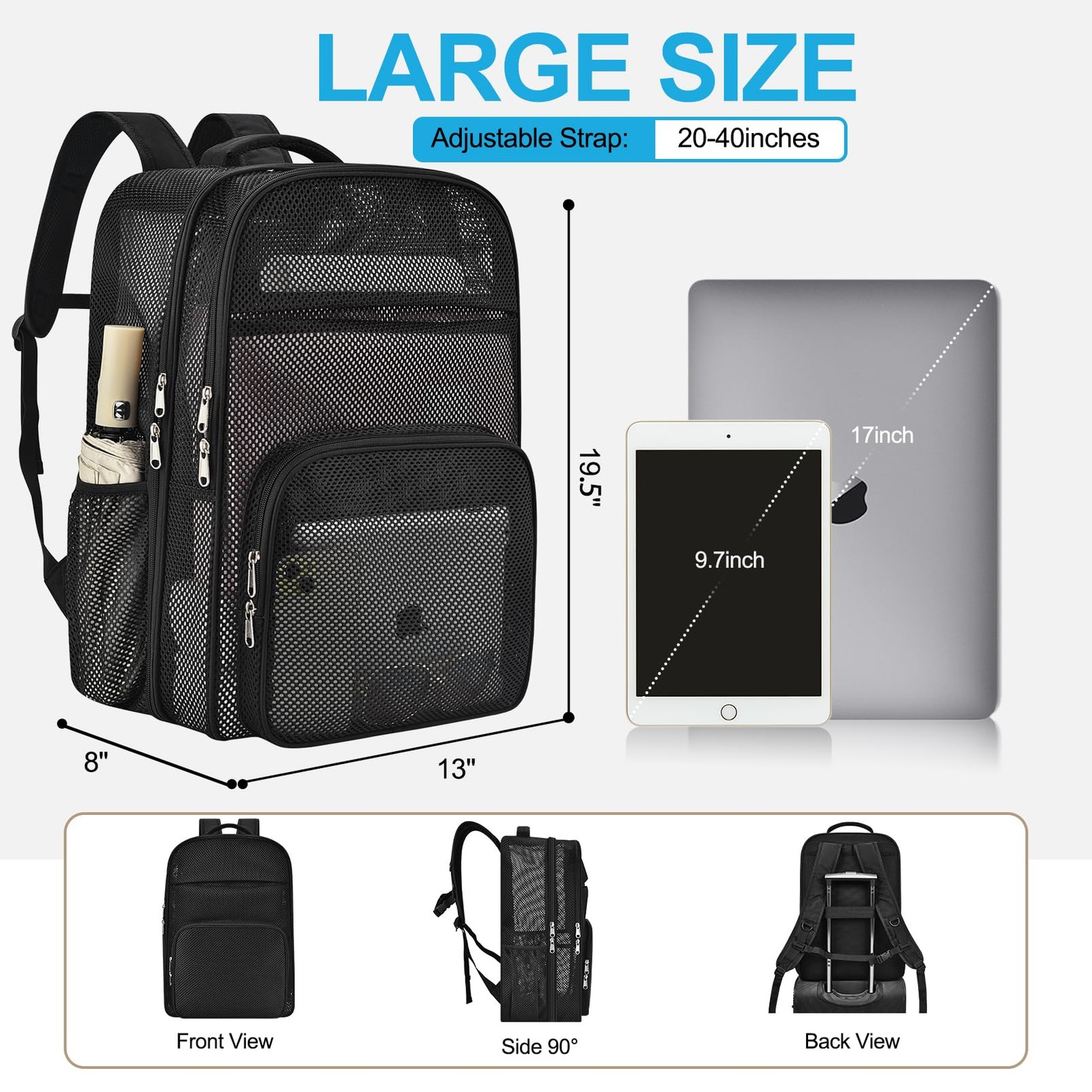 Heavy Duty Mesh Backpack 19 Inch Large Black School Work Travel Daybag