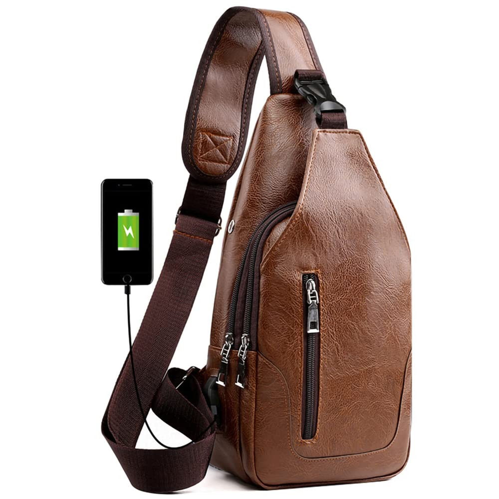 Leather Sling Bag Mens Crossbody Bag Chest Bag Sling Backpack for Men with US…