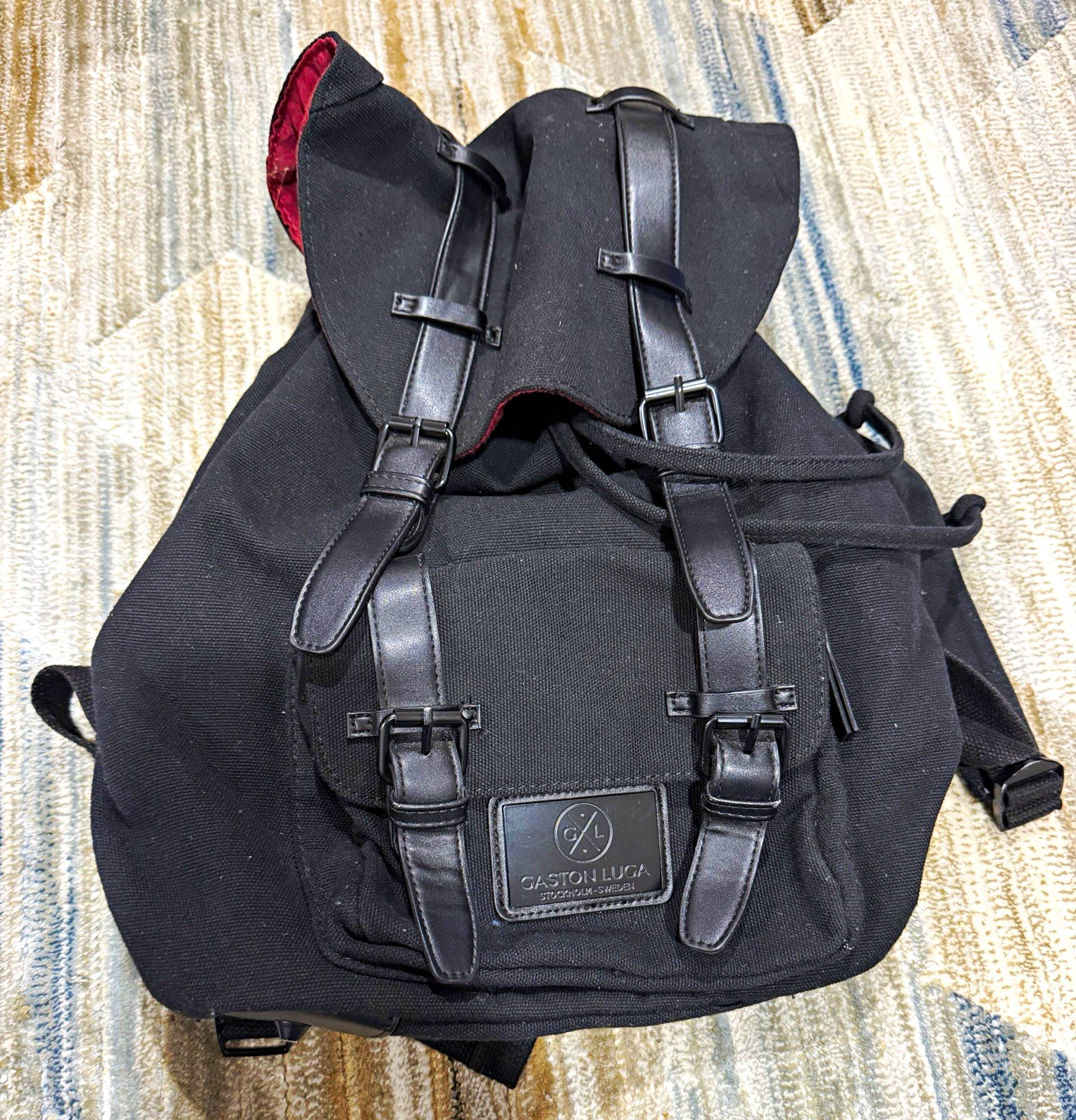 Gaston Luga Black Backpack Drawstring/Buckle Closure Adjustable Pockets Unisex