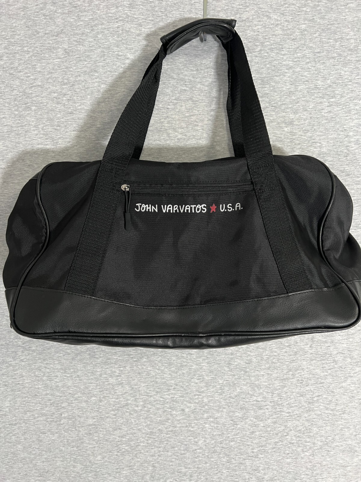 John Varvatos USA Canvas Duffle Gym Weekend Bag 17x11x7 Faux Leather Trim