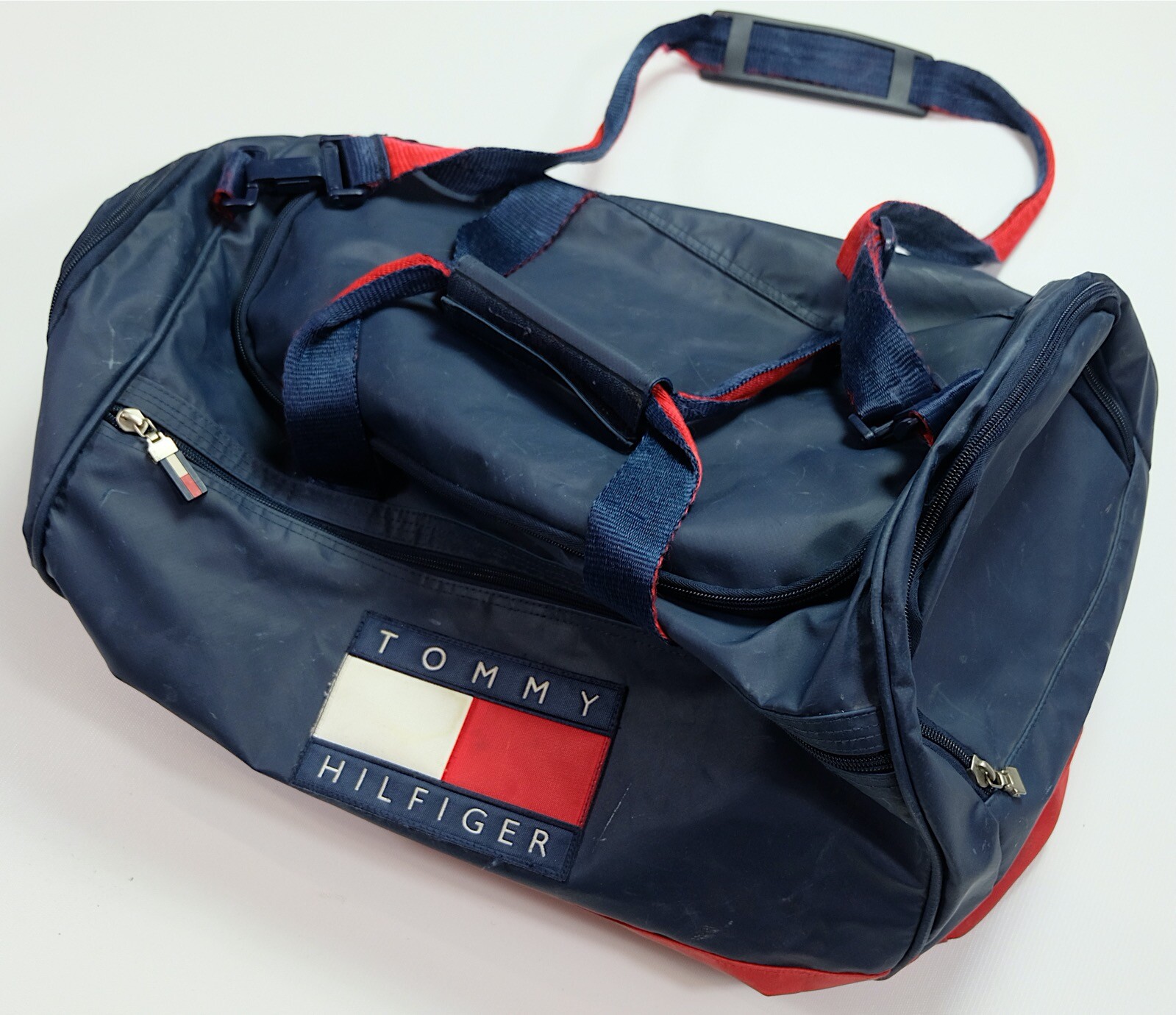Rare VTG TOMMY HILFIGER Spell Out Color Block Flag Patch Duffle Gym Bag 90s Navy