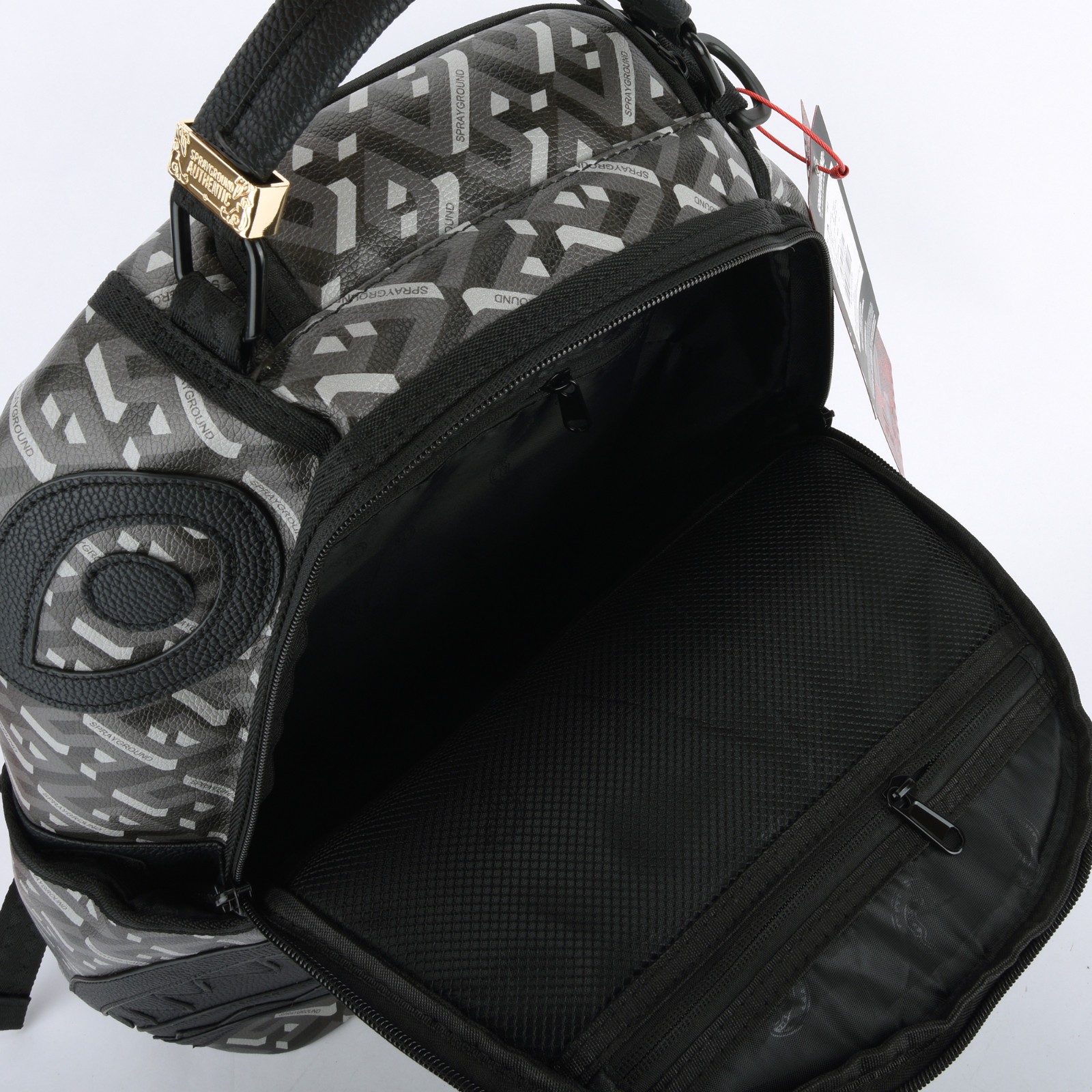 Sprayground 3DSG Thunderclap Shark Leather Bag Backpack Unisex Black Gray Plaid