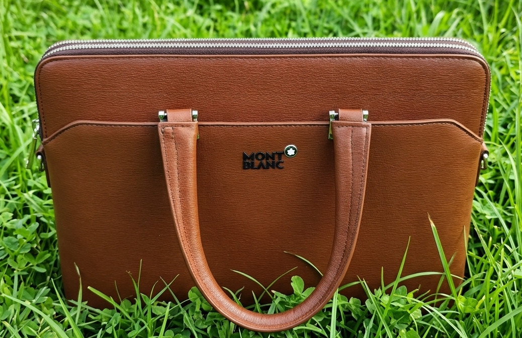 Montblanc Brown Color Leather Briefcase Laptop Bag | Adjustable Strap |Star Logo
