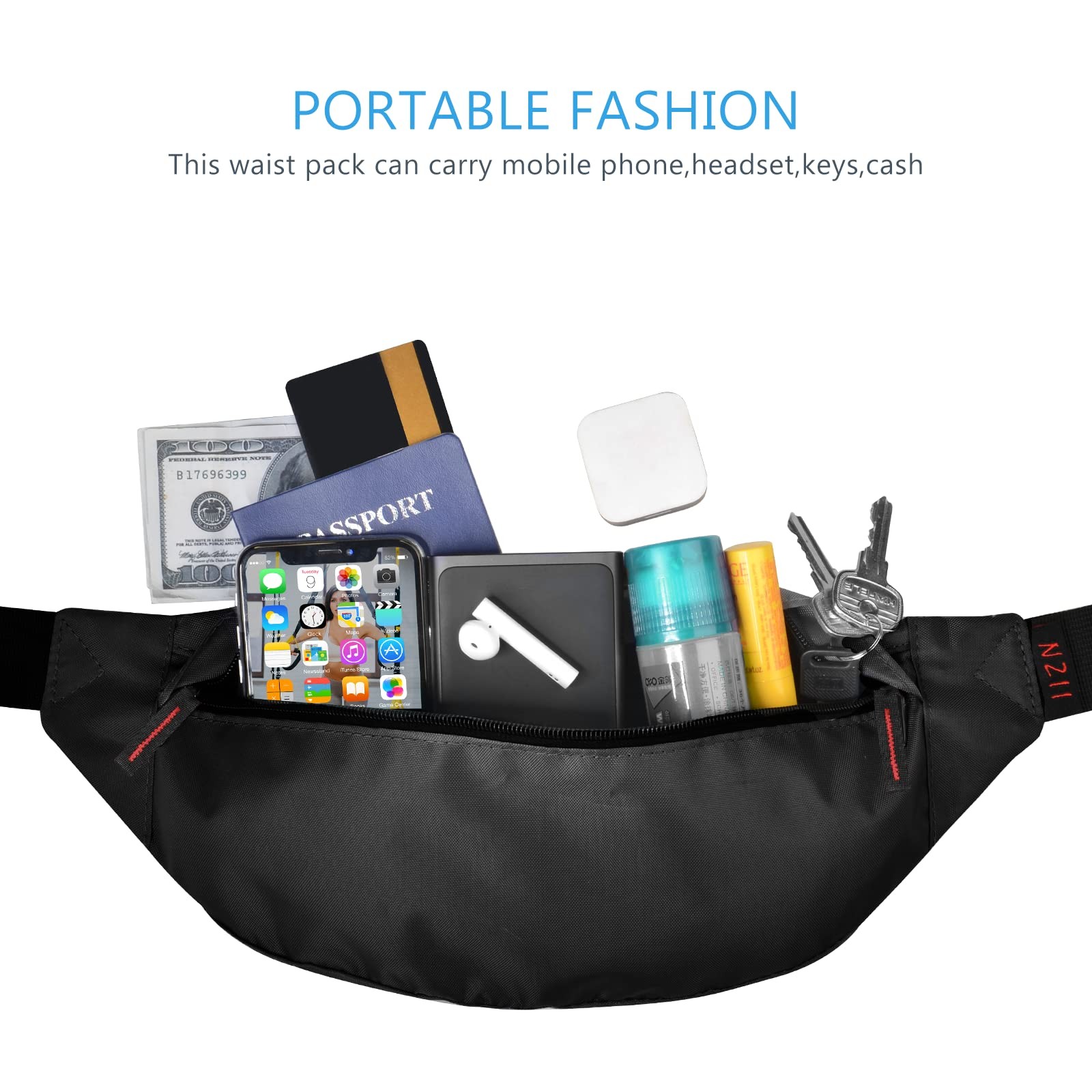 Black Lightweight Running Waist Pack Fanny Pack Belt Bag for Travel Sports