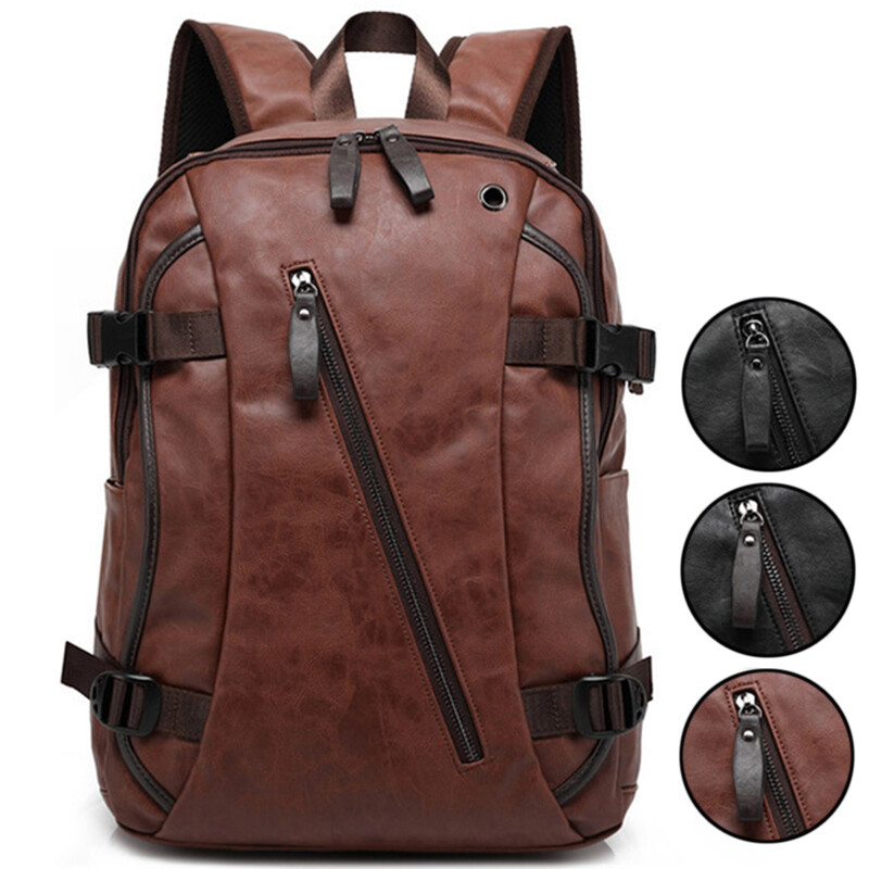 Leather Backpack for Men Zipper Closure Double Adjustable Straps Side Pocket Bag