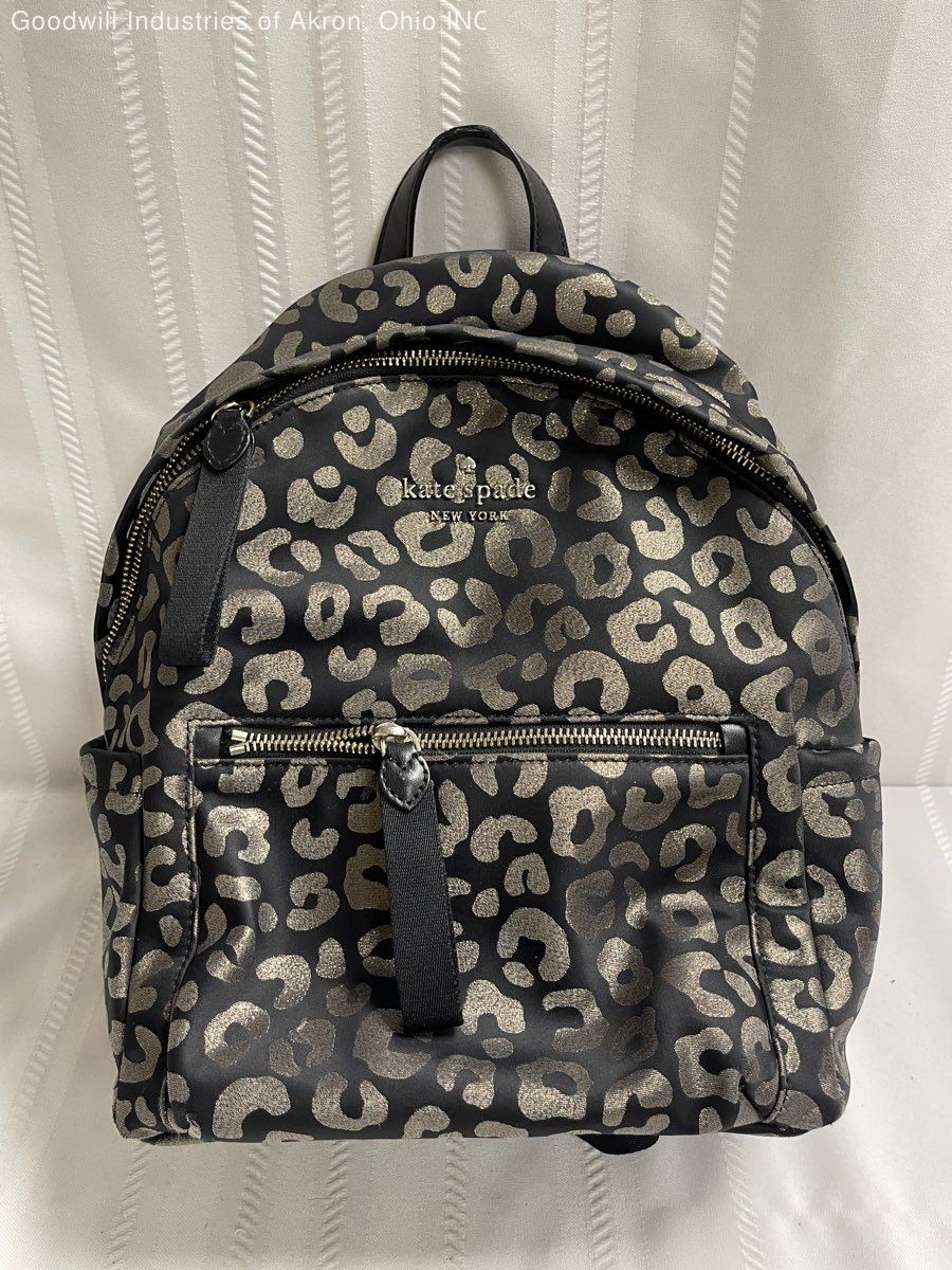 Kate Spade Black Metallic Leopard Print Canvas Backpack Gold Hardware COA
