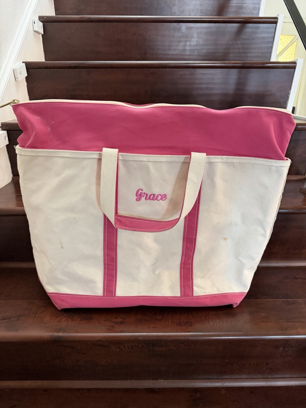 Vintage L.L. Bean 90’s White And Pink Boat And Tote XL Bag Rare Colorway 23×18