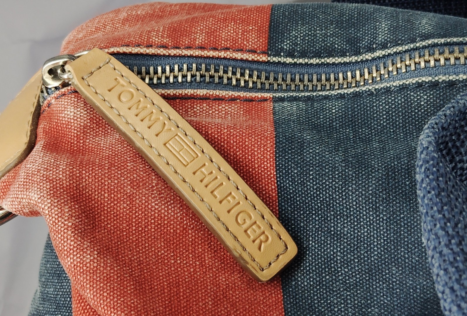 Vintage Tommy Hilfiger Canvas Duffel Bag Red Navy Stripe Weekend Travel Tote No