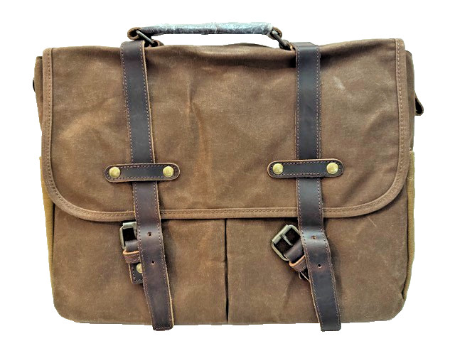 Newhey Messenger Bag Genuine Leather Brown Waxed Canvas Laptop 15.1″