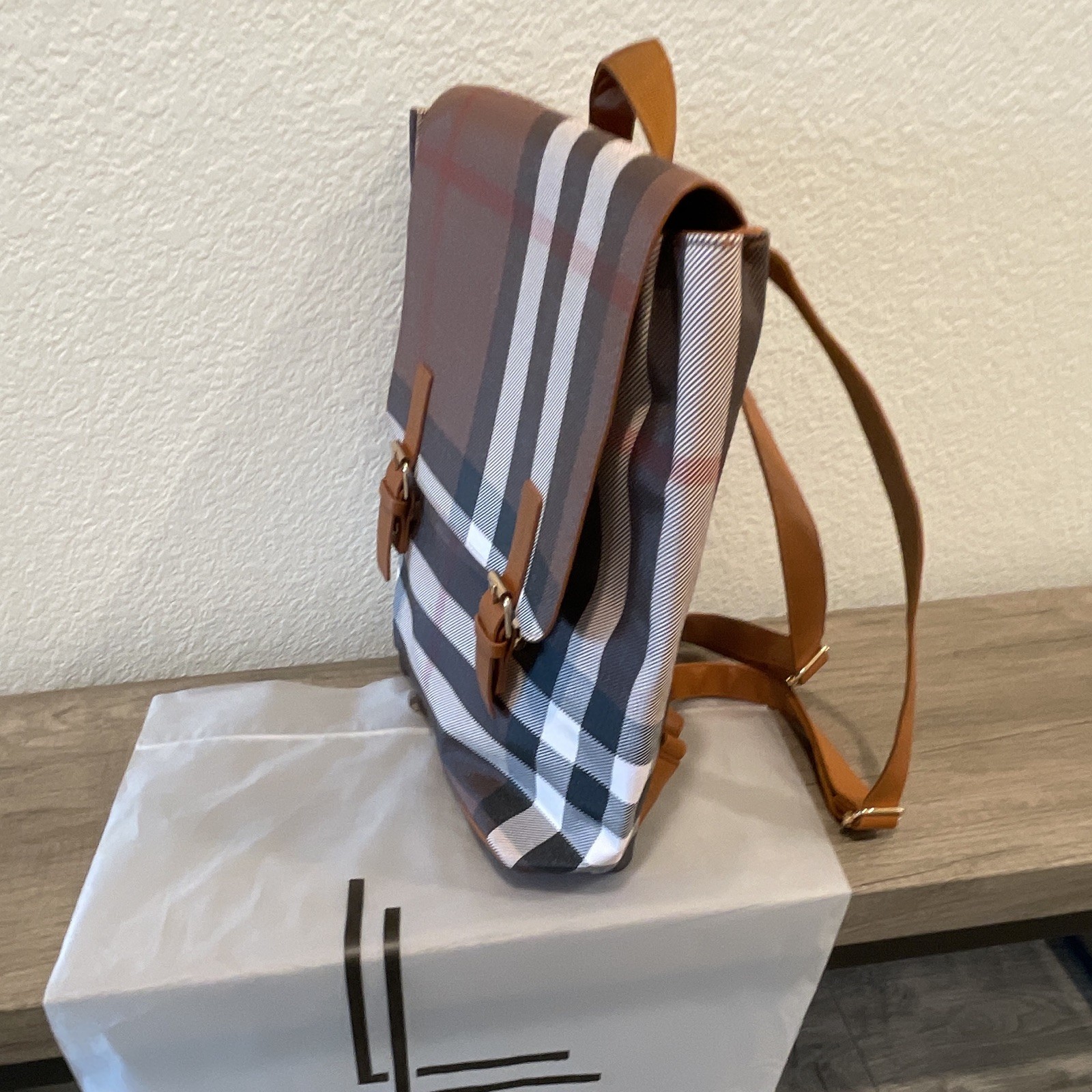 LOULU Plaid Backpack Brown/Beige Buckle & Zip Closure Adjustable Strap