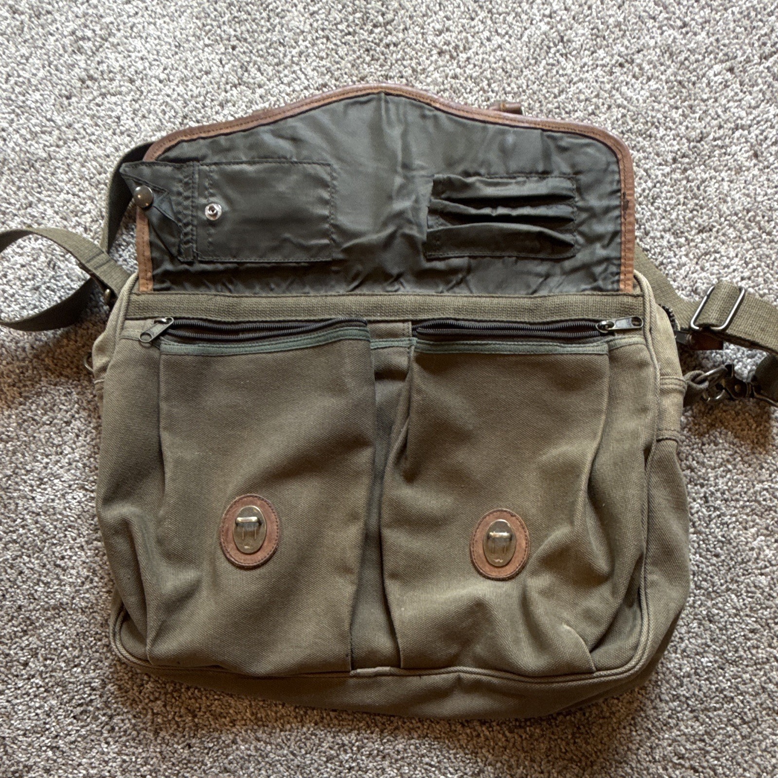 Green/Brown Messenger Bag Medium Buckle Zip Flap Adjustable Strap Inner Pockets