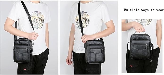 Men Leather Shoulder Bag Durable Crossbody Messenger Front Back Pockets Business