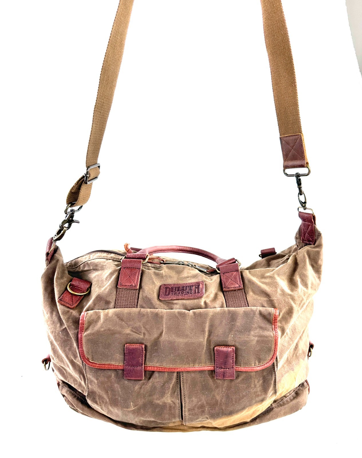 Duluth Trading Brown Cotton Canvas Large Briefcase Travel Bag Brass Leather Trim