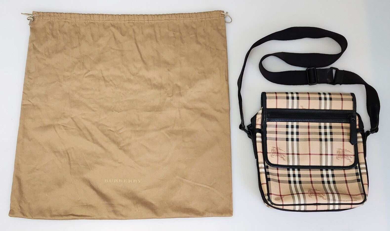 Unisex BURBERRY Beige/Black Haymarket Check PVC Canvas & Leather Crossbody Bag