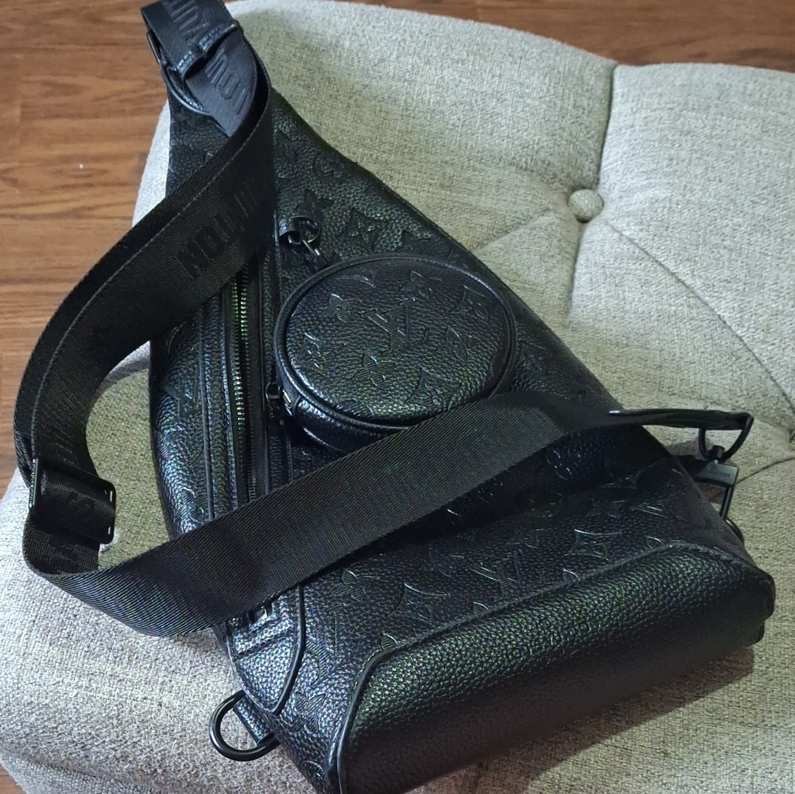Louis Vuitton Monogram Shadow Black Zip Sling Crossbody Bag w/ Coin Pouch