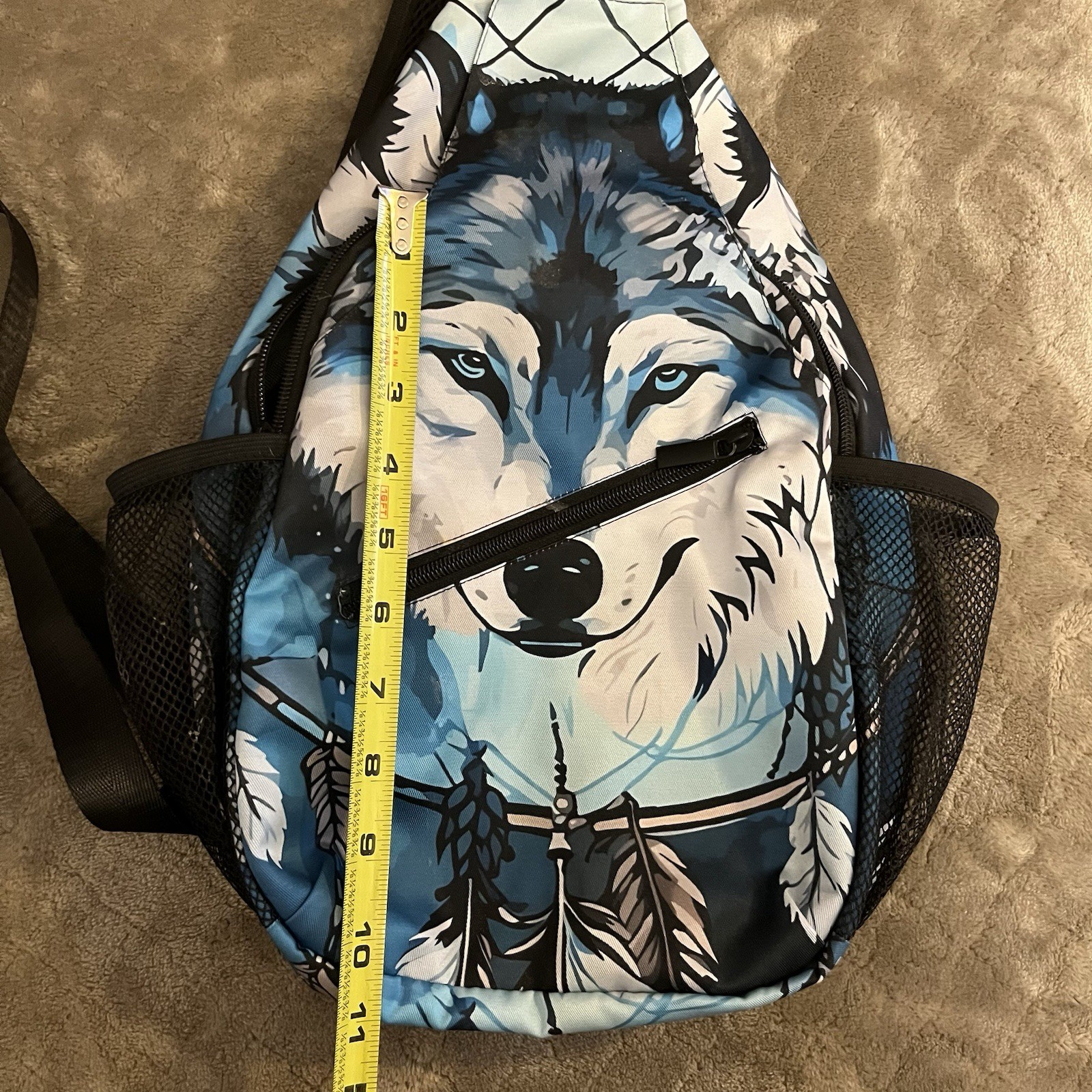 Native American Indian Sling Backpack Chest Bag Crossbody Shoulder Wolf Feathers