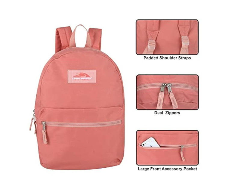 Trail Maker Classic 17 Inch Backpack CORAL w/ Adjustable Padded Shoulder Straps