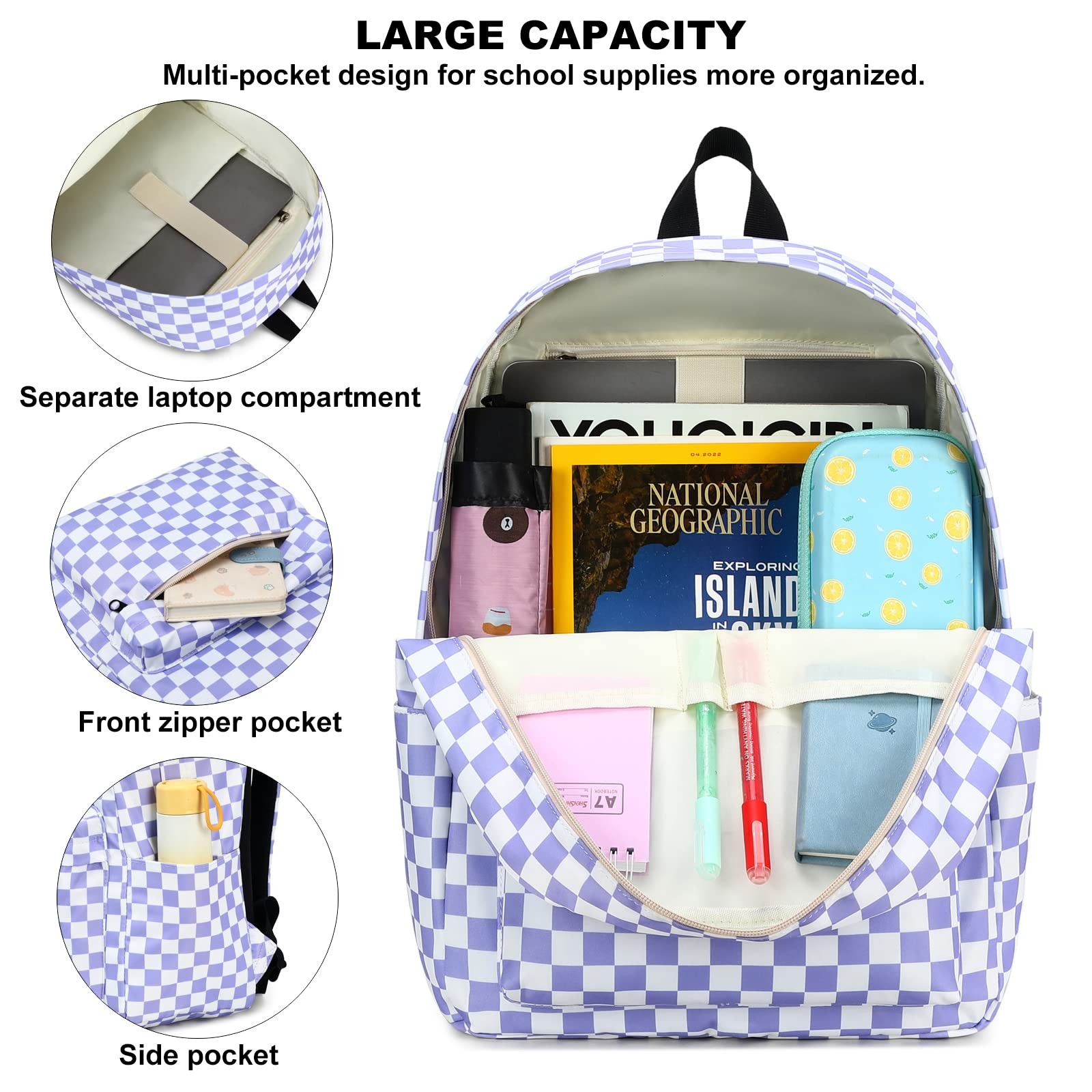 Checkered Girls Backpack for Elementary Middle School, Teens School Bag Women…