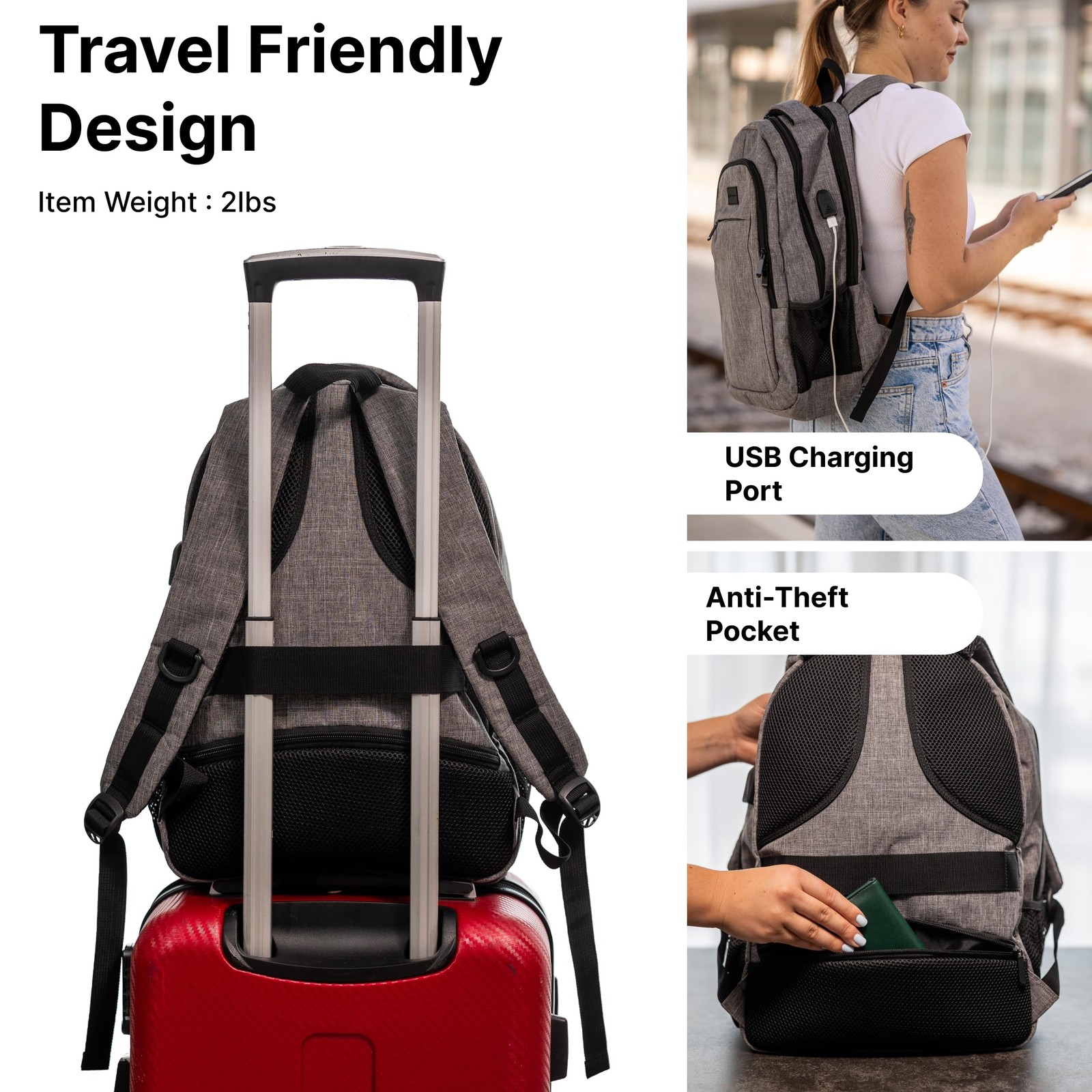 (Not Made In China) Travel Laptop Backpack, Anti-Theft Pocket, Slim Bookbag F…