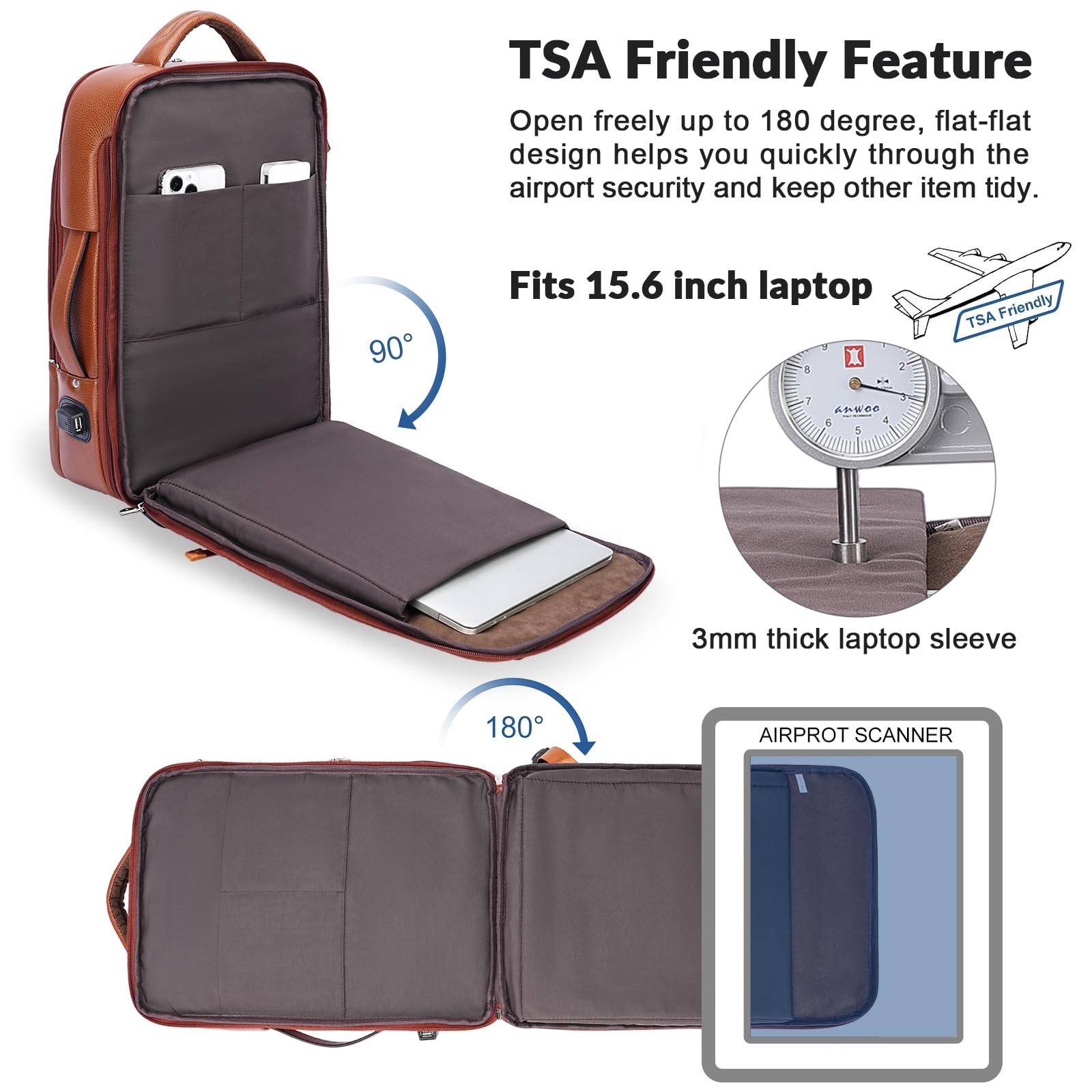 Expandable Leather 15.6″ Laptop Backpack for Men , TSA Friendly Business Trav…
