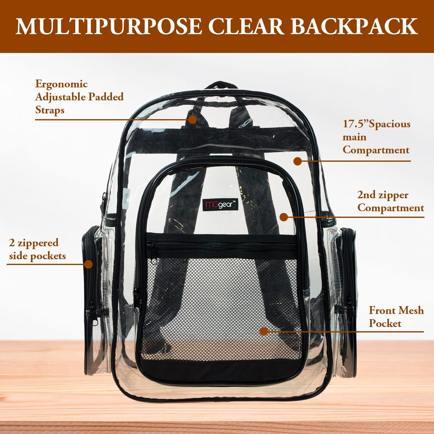 Clear Transparent See Thru School Security PVC School Backpack with Black Trim