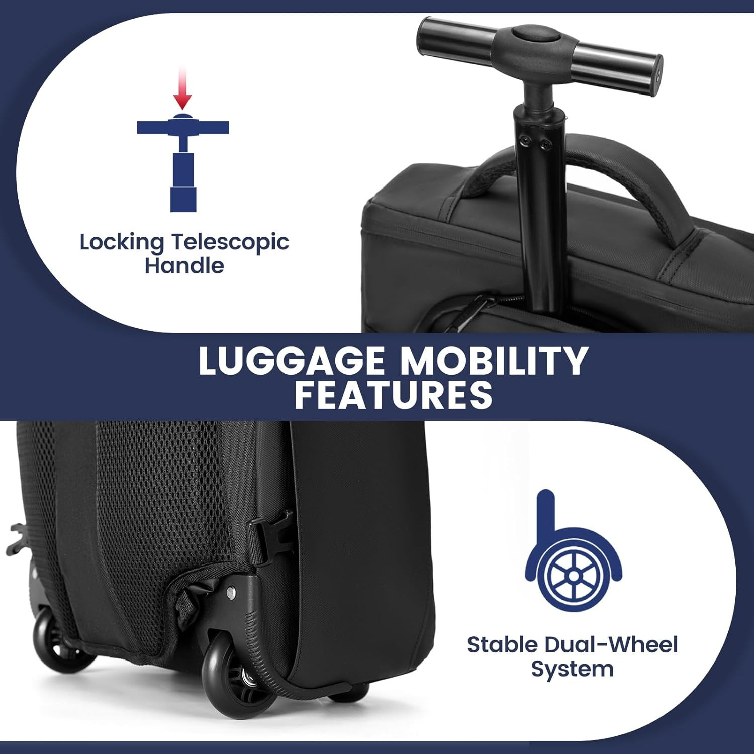 Rolling Backpack with Wheels 15.6 Inch Laptop Travel Carry On Waterproof Black