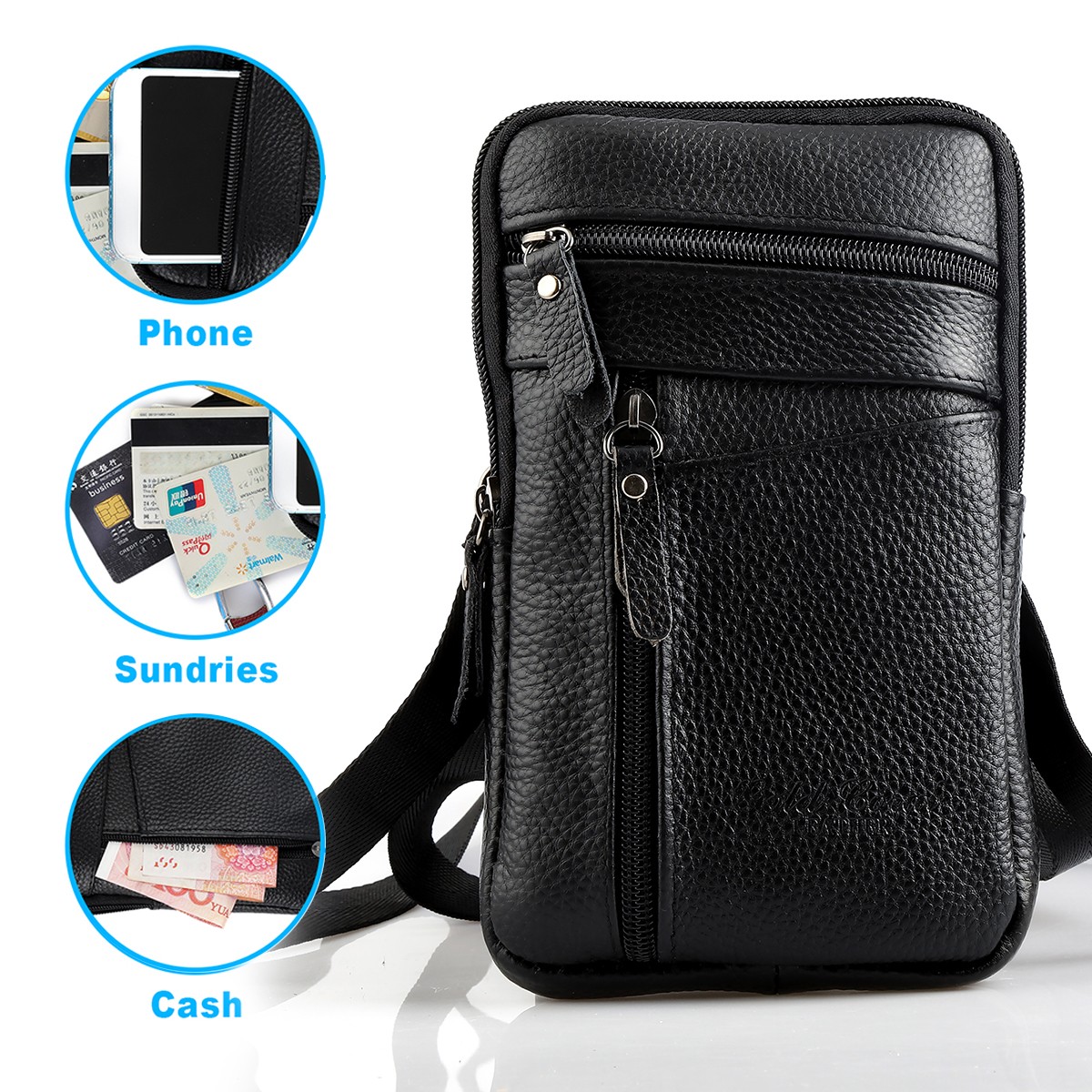 Men Leather Belt Bag Fashion Crossbody Phone Waist Pack 3-Zip Pouch Black/Brown