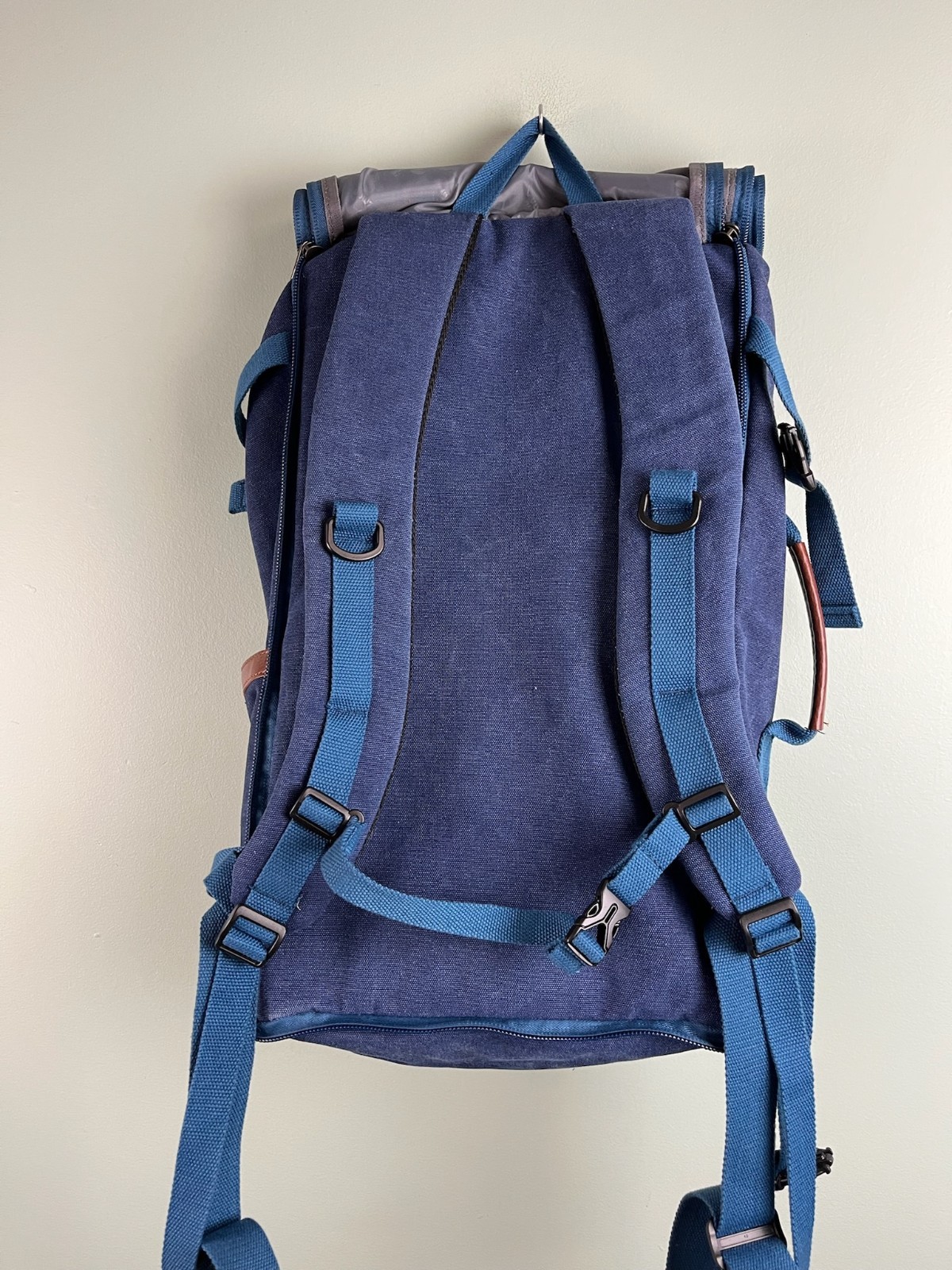 WITZMAN Travel Backpack Convertible Canvas Bag Navy Blue Leather Trim Luggage