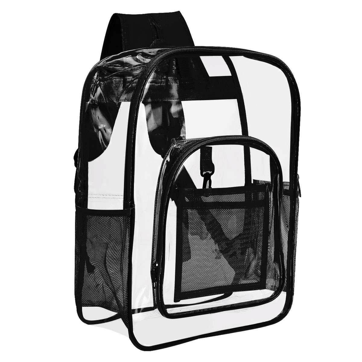Extra Heavy Duty Clear Backpack Transparent Bookbag Back to School (Black, Grey)