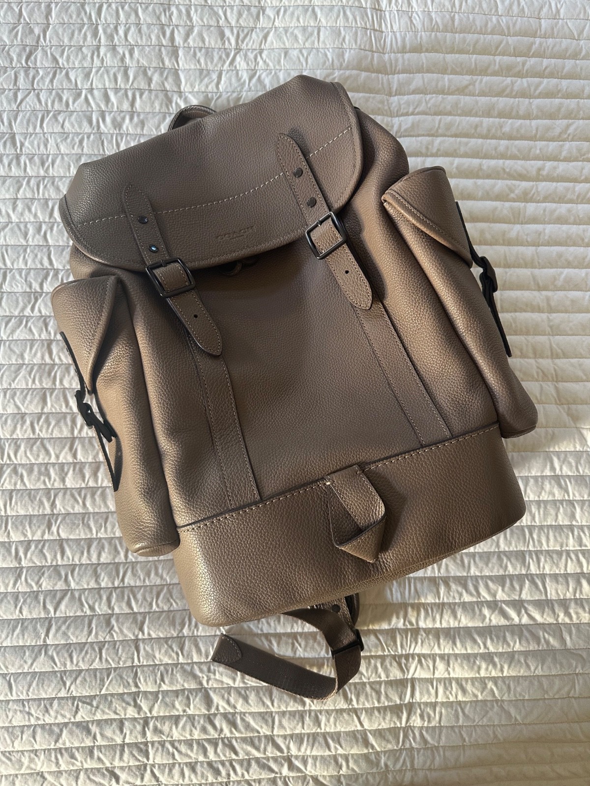 COACH Hitch Backpack Dark Stone Pebbled Leather Suede Lining w/ Dust Bag, Tag