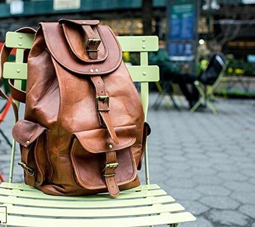 Men’s Large Real Vintage Goat Leather Rucksack Brown Travel Backpack Laptop Bag