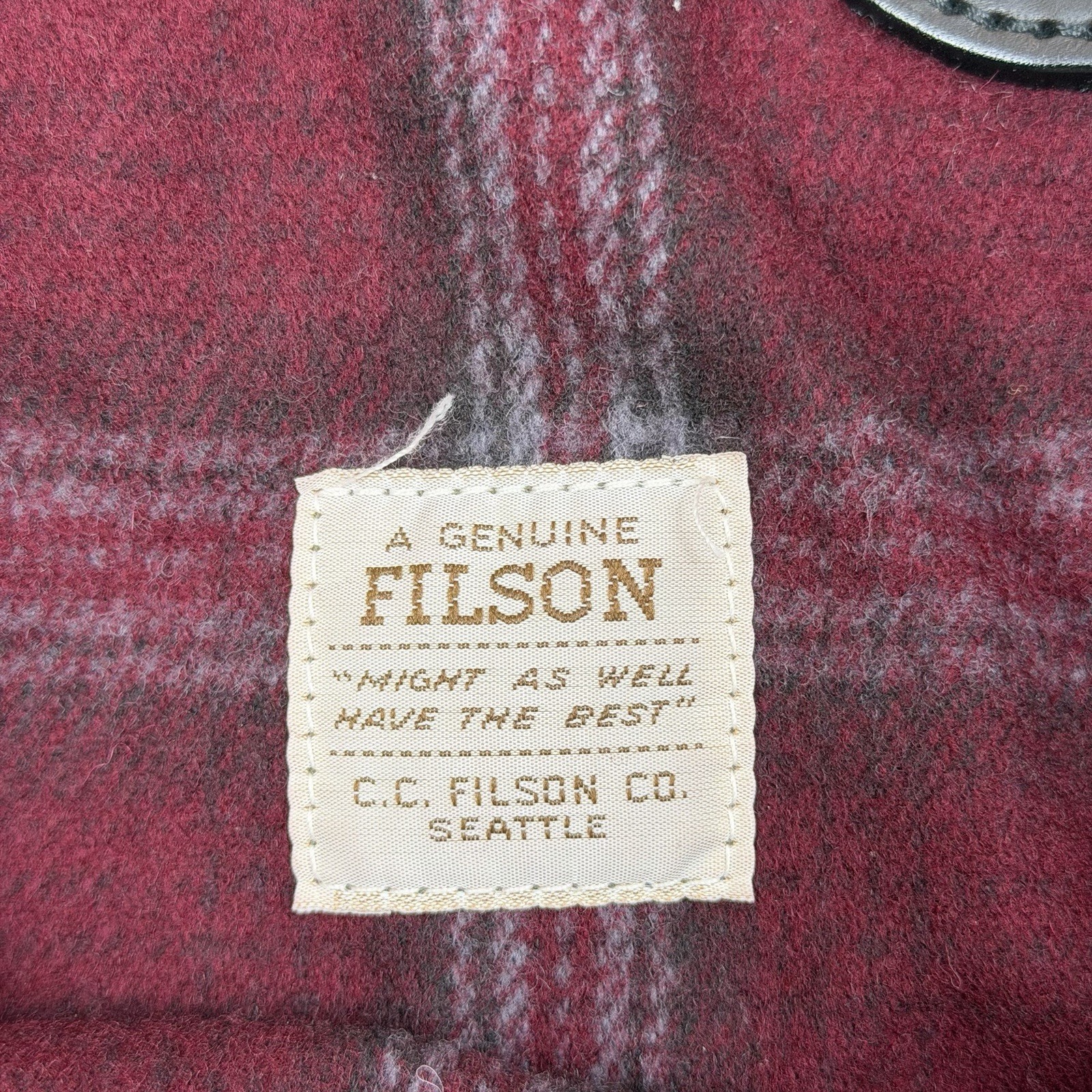 Filson Plaid Leather Trim Tote Bag Wool Burgundy Red Gray Double Handle