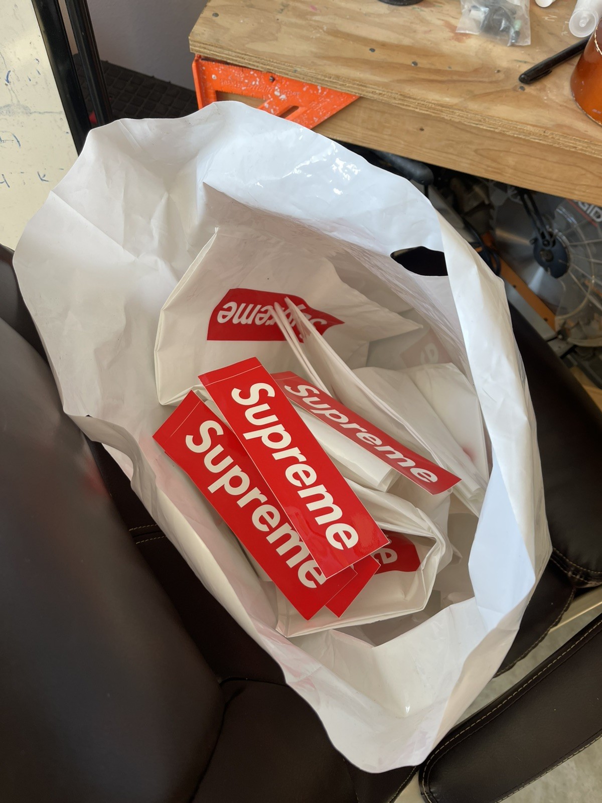 Supreme Stickers & White Plastic Shopping Bag Red Logo Retail Store L & S