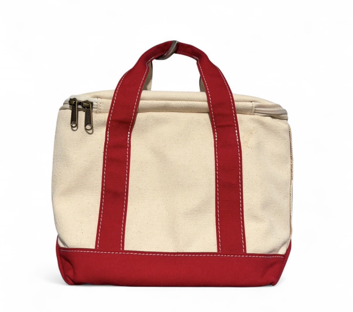 Vintage LL Bean Small Boat Tote Insulated Cooler Lunch Bag Beige Red Handles