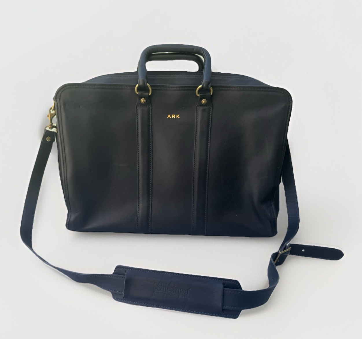 Vintage SCHLESINGER Black LEATHER BRIEFCASE Cowhide Shoulder Strap 17” X 12”
